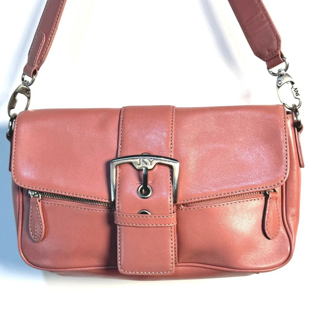 Jones New York Dusty Rose Pink Leather Shoulder Bag Buckle Baguette Purse - Picture 2 of 11